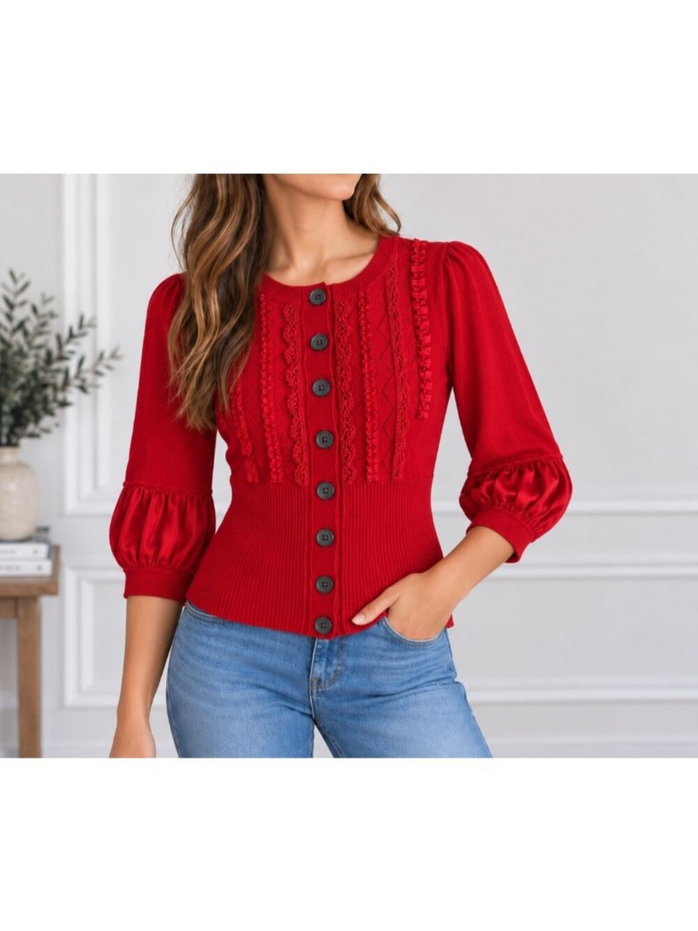 Karen Millen Red Ruffle Cardigan 3/4 Sleeve Fitted Knit Top
